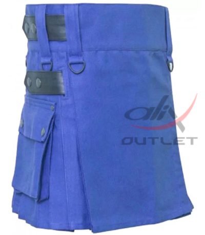 Ladies Utility Blue Cotton Kilt with adjustable Leather Straps