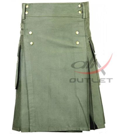 Men's Olive Green Cotton Utility Kilt with front Buttons