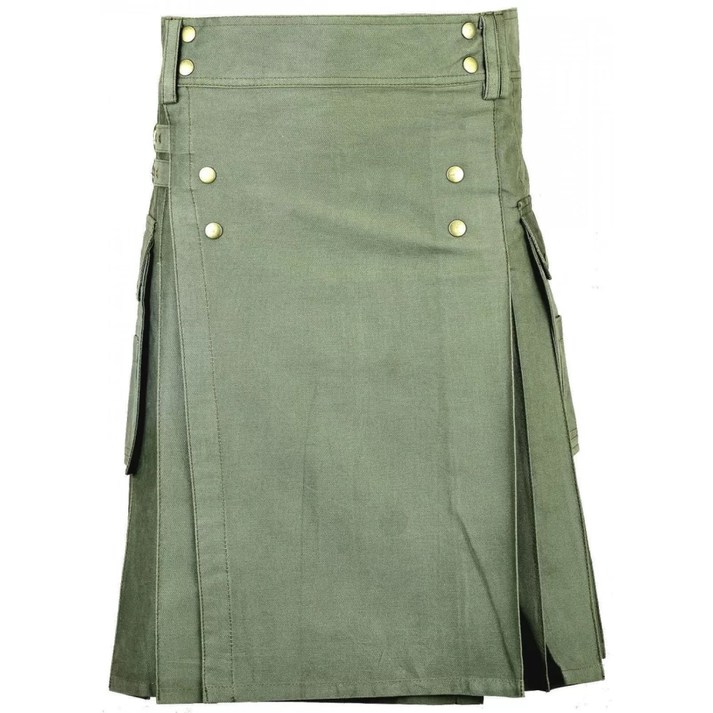 olive green cotton with buttons 1 Men's Olive Green Cotton Utility Kilt with front Buttons - Image 1