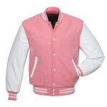 Baseball Jacket Pink Wool & Leather Sleeves