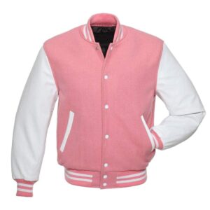 Baseball Jacket Pink Wool & Leather Sleeves