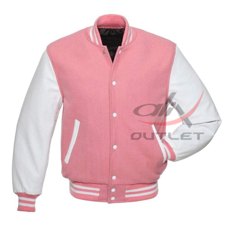 Baseball Jacket Pink Wool & Leather Sleeves