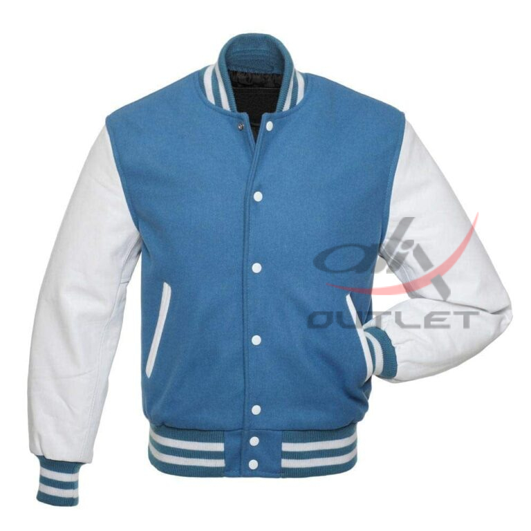 Baseball Jacket Sky Blue Wool & Leather Sleeves