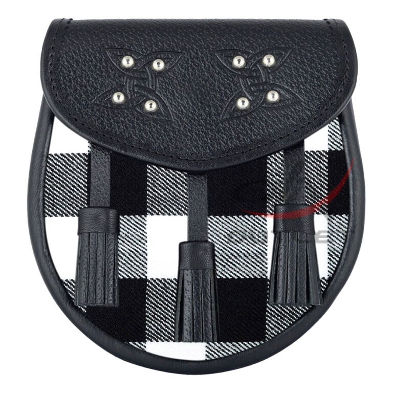 Scottish Sporran White Black Rob Roy Tartan Black Leather